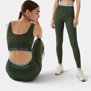Women's Outdoor Voices Sports Bra Leggings Set XS Green Ribbed Longline Ribbed